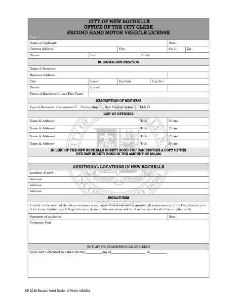 First page of the Second Hand Motor Vehicle License