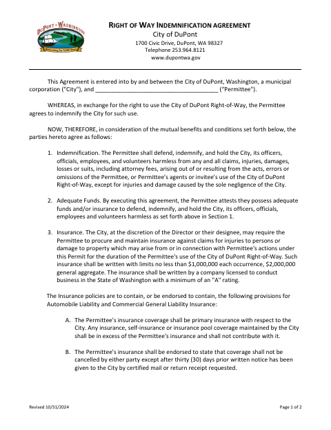 First page of the Right of Way Indemnification Agreement