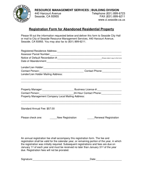 First page of the Registration Form for Abandoned Residential Property