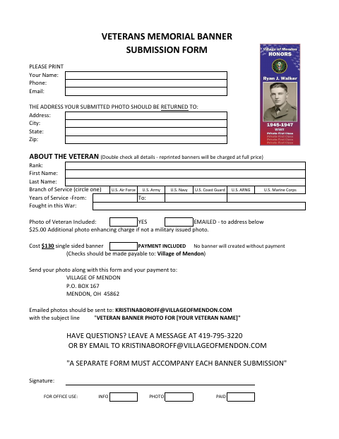 First page of the Veterans Memorial Banner Submission Form