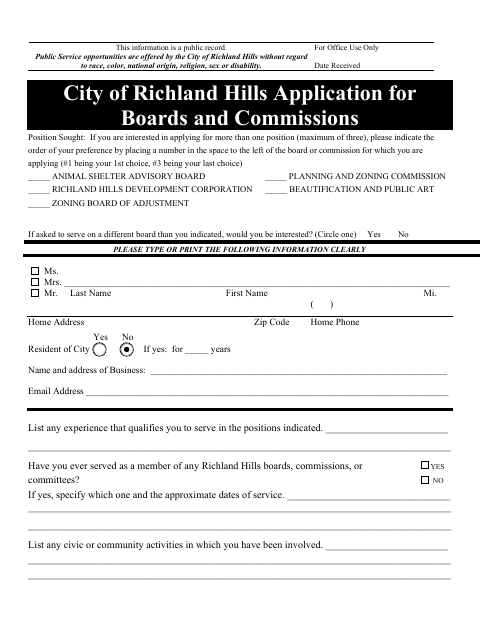 First page of the Application for Boards and Commissions