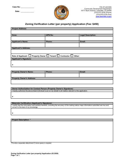 First page of the Zoning Verification Letter Application