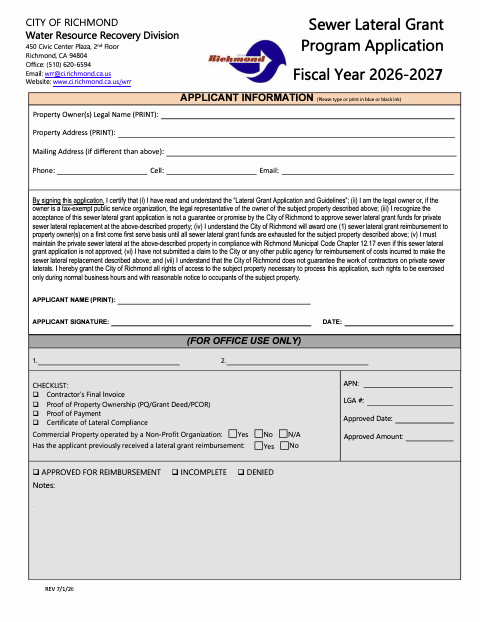 First page of the Sewer Lateral Grant Program Application