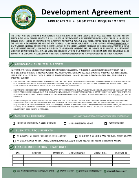 First page of the Development Agreement Application and Submittal Requirements