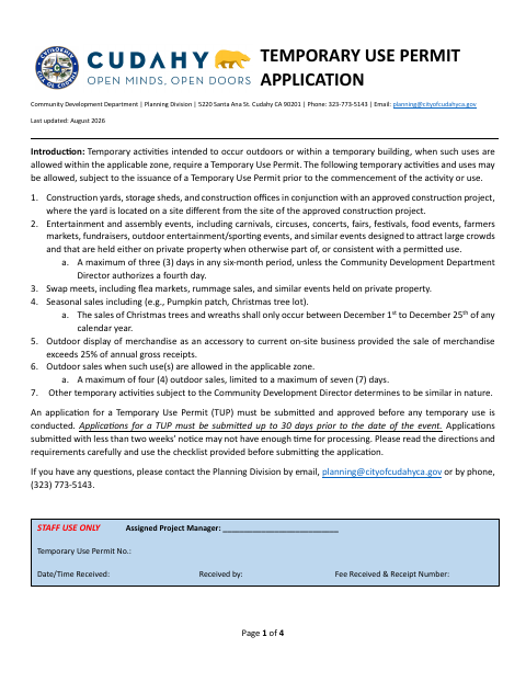 First page of the Temporary Use Permit Application
