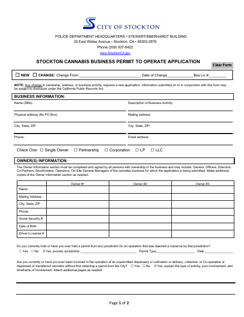 First page of the Cannabis Business Permit to Operate Application