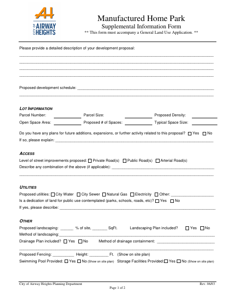 First page of the Manufactured Home Park Supplemental Information Form