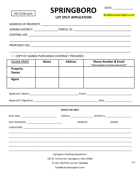 First page of the Lot Split Application