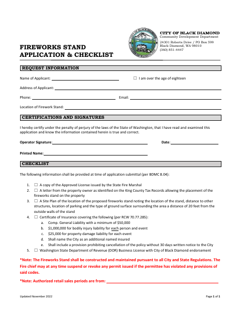First page of the Fireworks Stand Application & Checklist