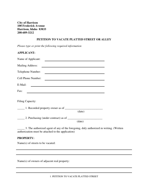 First page of the Petition to Vacate Platted Street or Alley