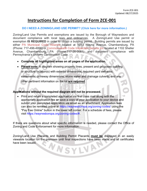 First page of the Zoning/Land Use Permit Application