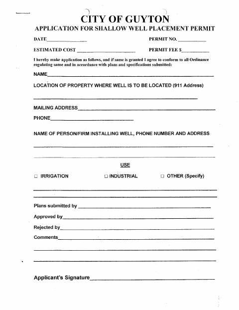 First page of the Application for Shallow Well Placement Permit