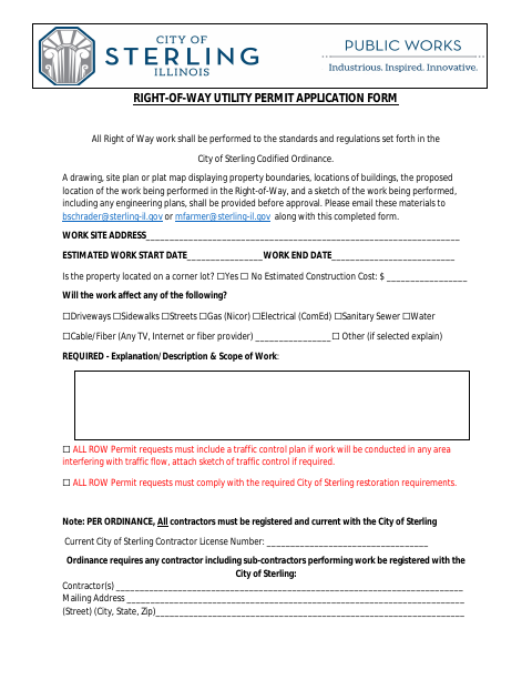 First page of the Right-of-Way Utility Permit Application Form