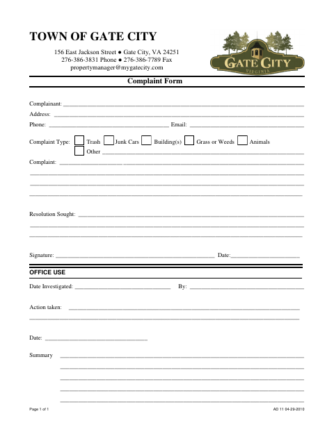 First page of the Property Maintenance Complaint Form