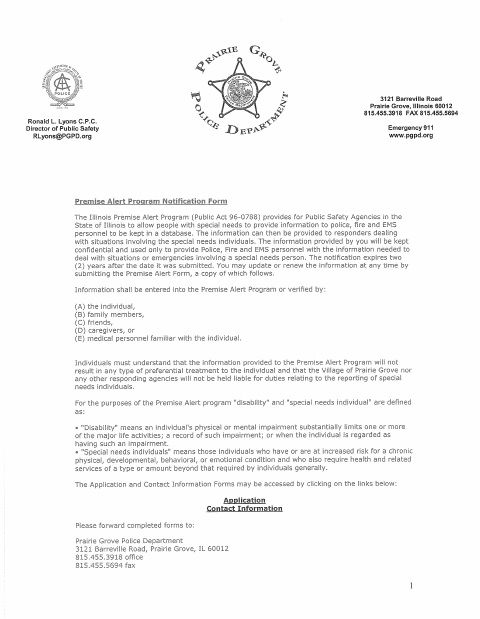First page of the Premise Alert Program Notification Form