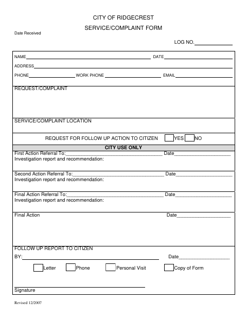 First page of the Service/Complaint Form