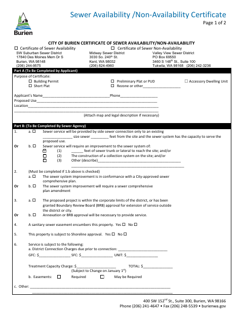 First page of the Certificate of Sewer Availability/Non-Availability