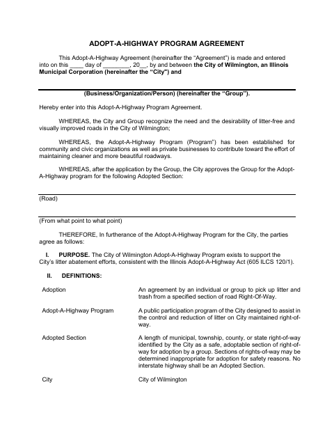 First page of the Adopt-A-Highway Program Agreement