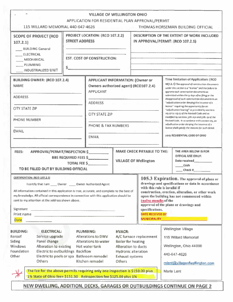 First page of the Residential Plan Approval/Permit Application