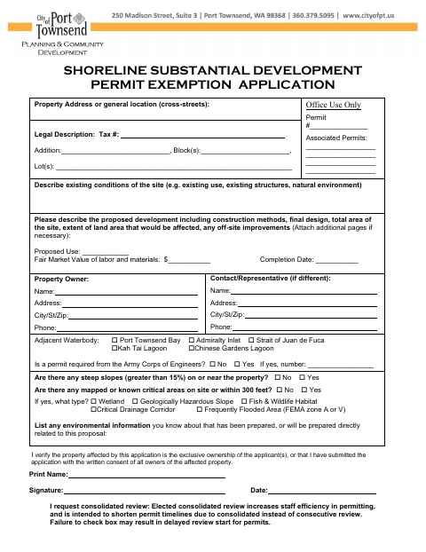 First page of the Shoreline Substantial Development Permit Exemption Application