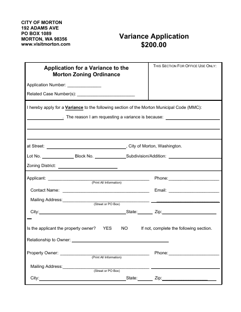 First page of the Application for a Variance to the Morton Zoning Ordinance
