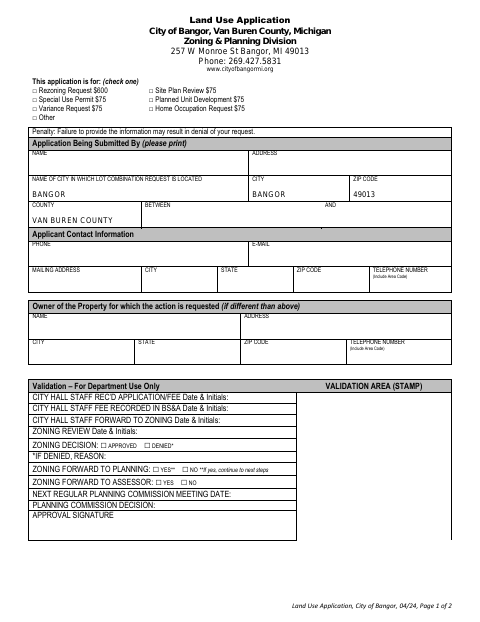 First page of the Land Use Application