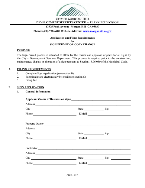 First page of the Sign Permit or Copy Change Application