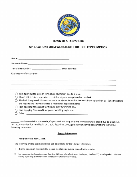 First page of the Application for Sewer Credit for High Consumption