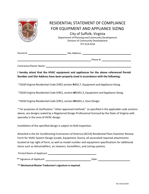 First page of the Residential Statement of Compliance for Equipment and Appliance Sizing