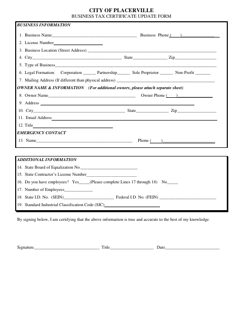 First page of the Business Tax Certificate Update Form
