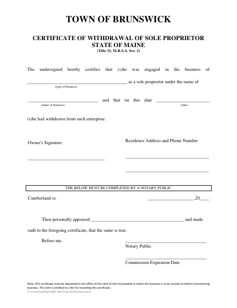 First page of the Sole Proprietor DBA Withdrawal