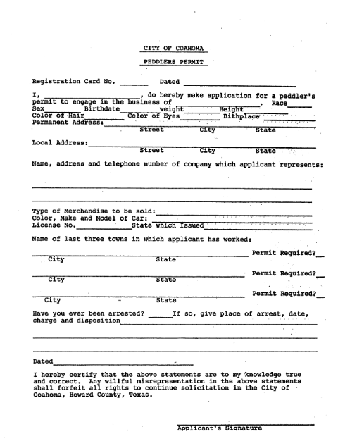 First page of the Peddlers Permit Application