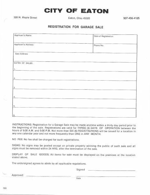 First page of the Garage Sale Permit Application