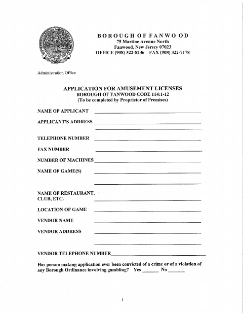 First page of the Amusement License Application