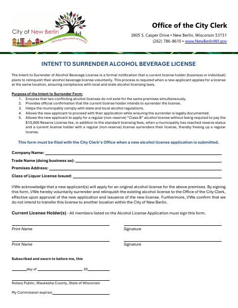 First page of the Intent to Surrender Alcohol Beverage License