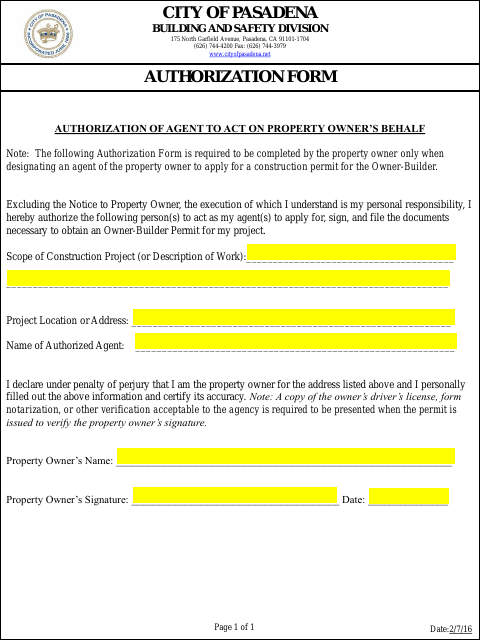 First page of the Authorization of Agent to Act on Property Owner’s Behalf
