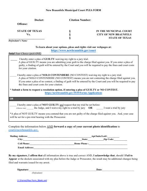 First page of the Municipal Court Plea Form