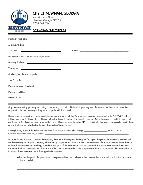 First page of the Variance Application