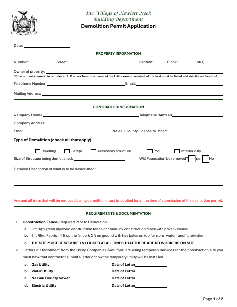 First page of the Demolition Permit Application