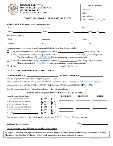 First page of the Zoning Board Application