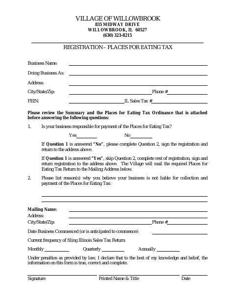 First page of the Places for Eating Tax Registration