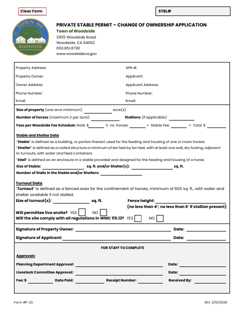 First page of the Private Stable Permit – Change of Ownership Application