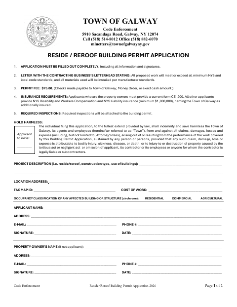 First page of the Reside/Reroof Building Permit Application