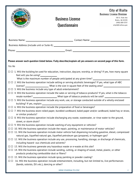 First page of the Business License Questionnaire