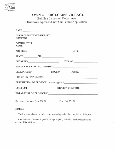 First page of the Driveway Approach/Curb-Cut Permit Application
