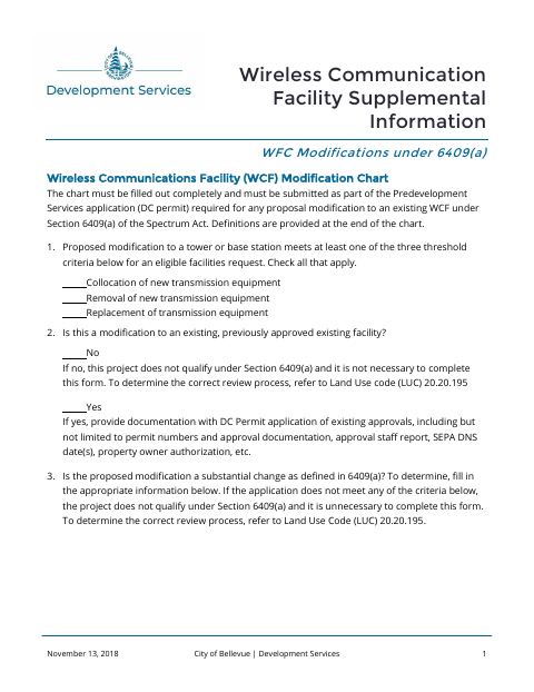 First page of the Wireless Communication Facility Supplemental Information