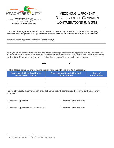 First page of the Rezoning Opponent Disclosure of Campaign Contributions & Gifts