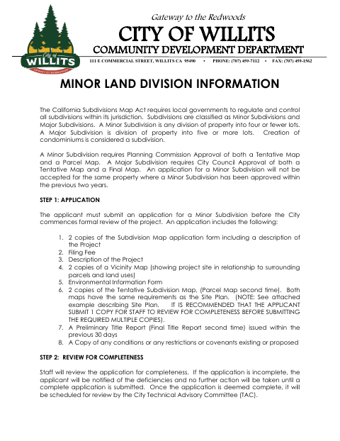 First page of the Minor Land Division Application