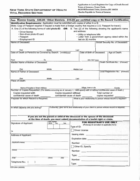 First page of the Application to Local Registrar for Copy of Death Record