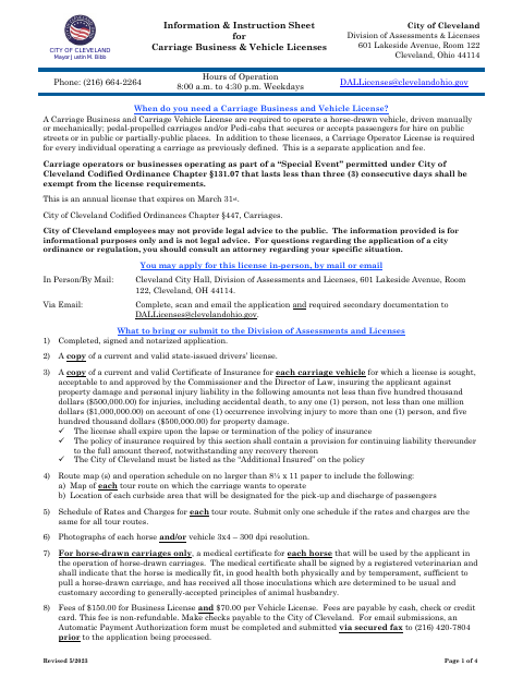 First page of the Carriage Business and Vehicle License Application